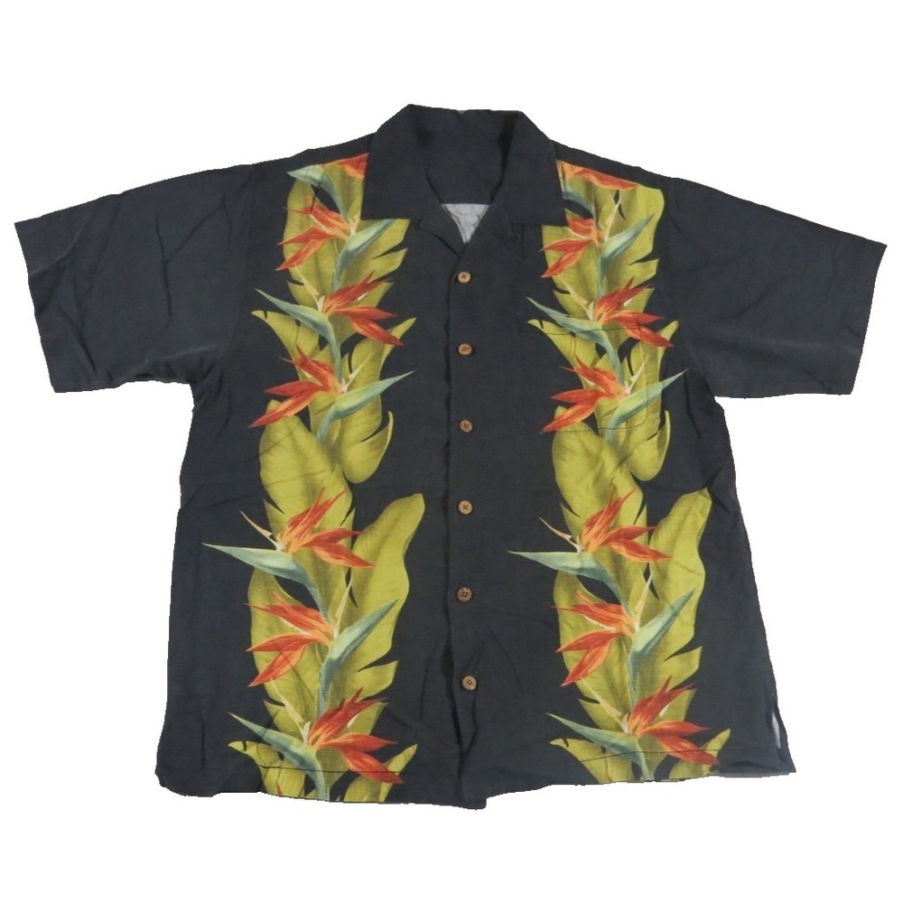 Tommy Bahama VTG Y2K Shirt Men M Black Silk Bird of Paradise Panel Floral Camp